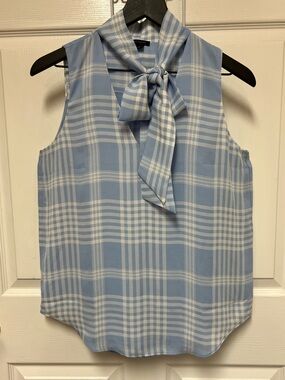 Ann Taylor Chiffon Sleeveless Light Blue Plaid Tie-Neck Blouse